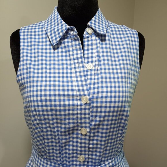 CHETTA B BLUE WHITE GINGHAM FIT & FLARE SHIRT DRESS WITH BELT & COLLAR SIZE 10 - Picture 2 of 9